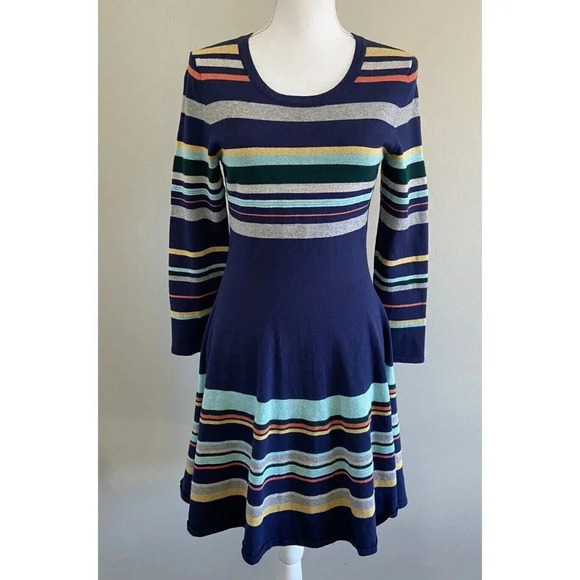 Moth Sweater Dress Fit Flare Navy Blue Freen Gray Stripe Small S - Picture 1 of 5